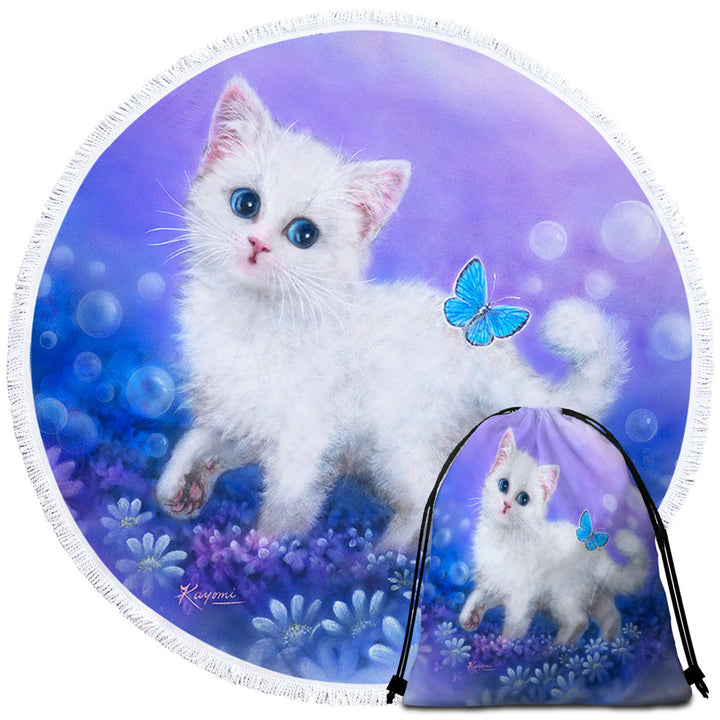 Purplish Garden White Kitten and Butterfly Beach Towels