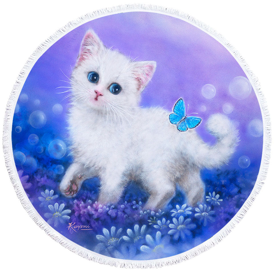 Purplish Garden White Kitten and Butterfly Microfiber Beach Towel