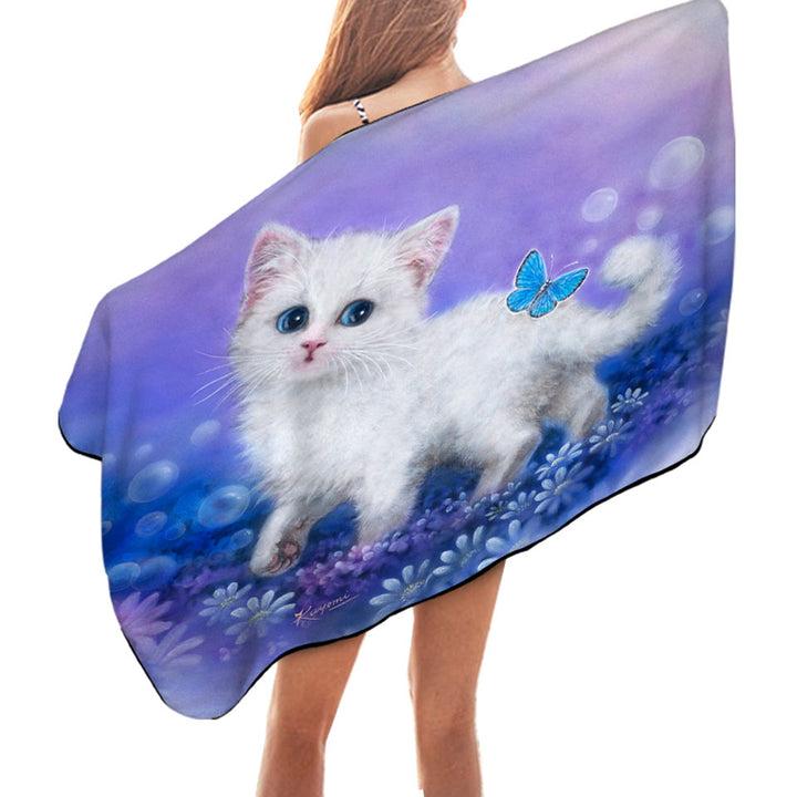 Purplish Garden White Kitten and Butterfly Pool Towels