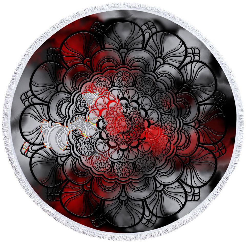 Red and Black Mandala Round Beach Towel