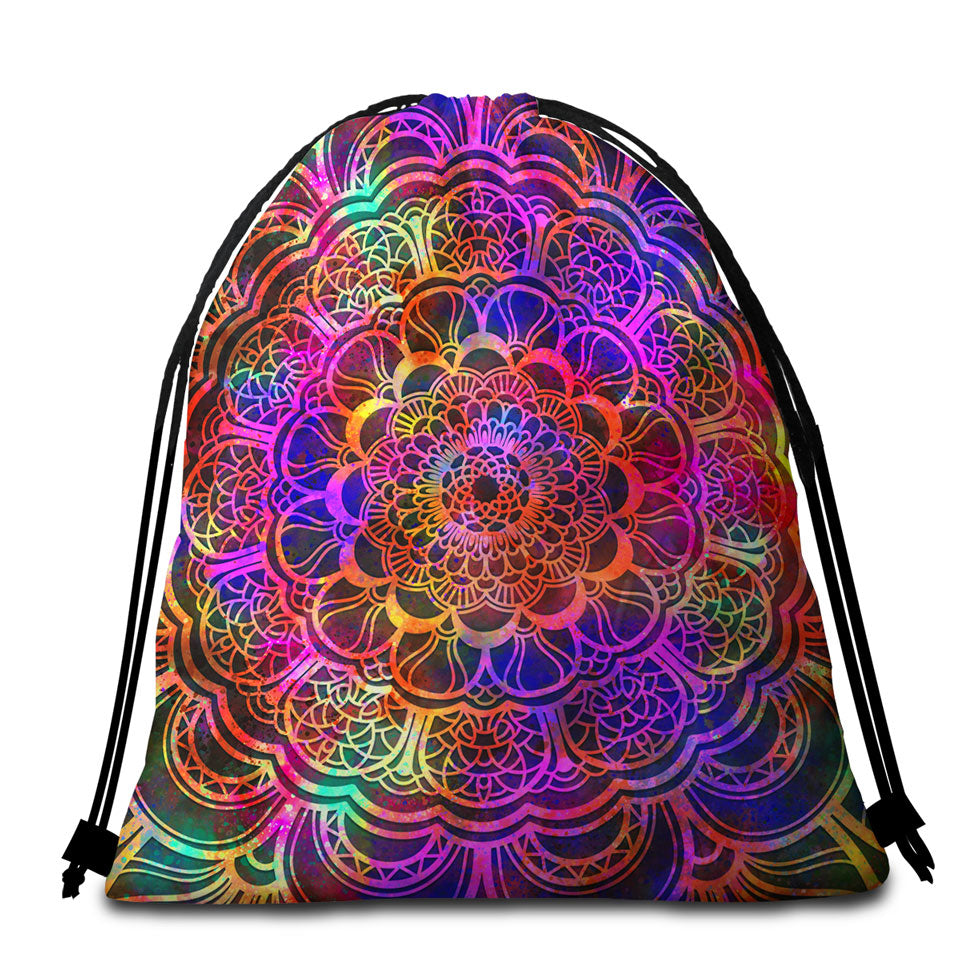 Red to Purple Oriental Mandala Beach Towel Bags