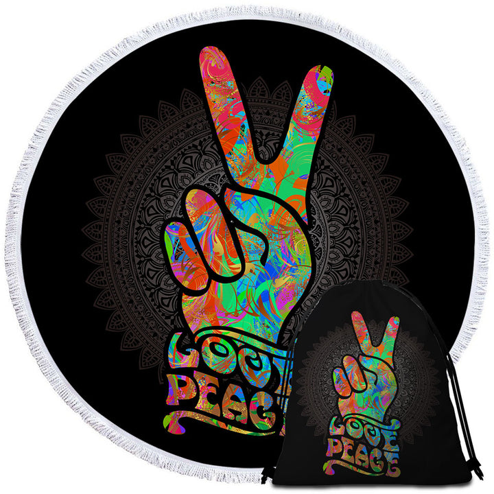 Retro Beach Towels and Bags Love Peace over Dark Mandala