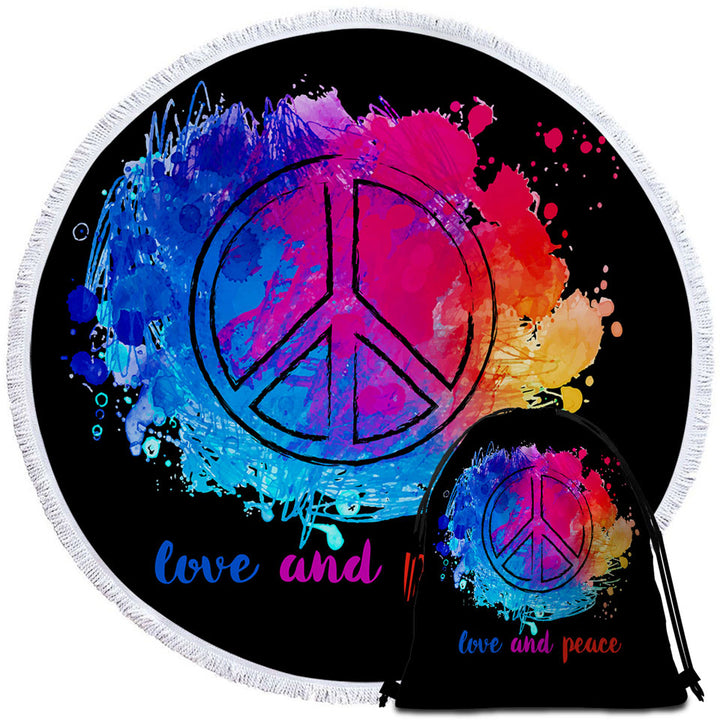 Retro Round Beach Towel Reddish Blue Love and Peace