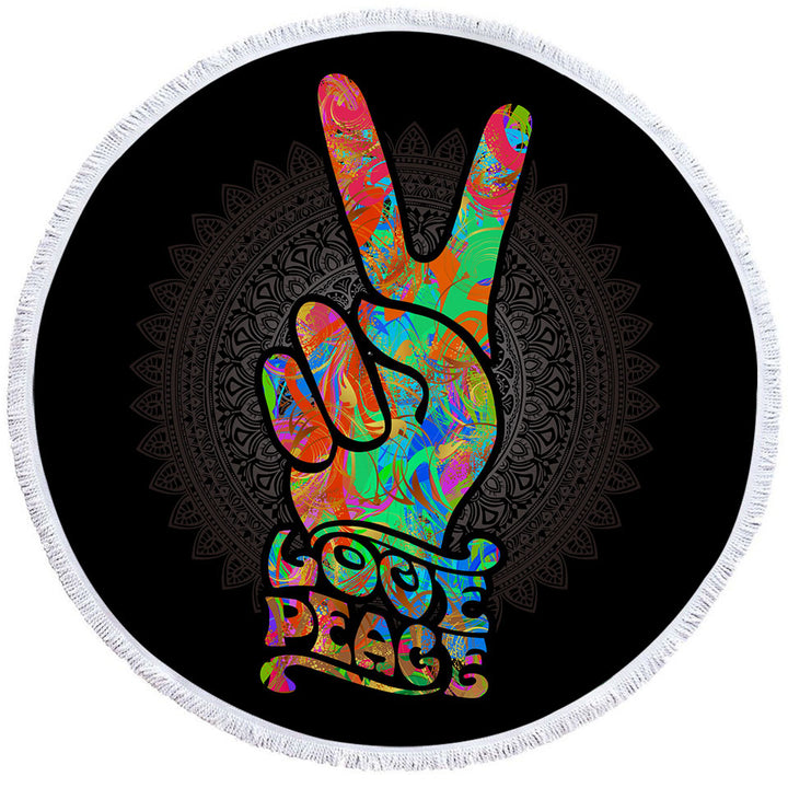 Retro Round Beach Towels Love Peace over Dark Mandala