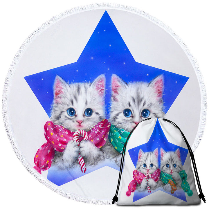 Round Beach Towel Christmas Star with Two Cute Grey Kittens