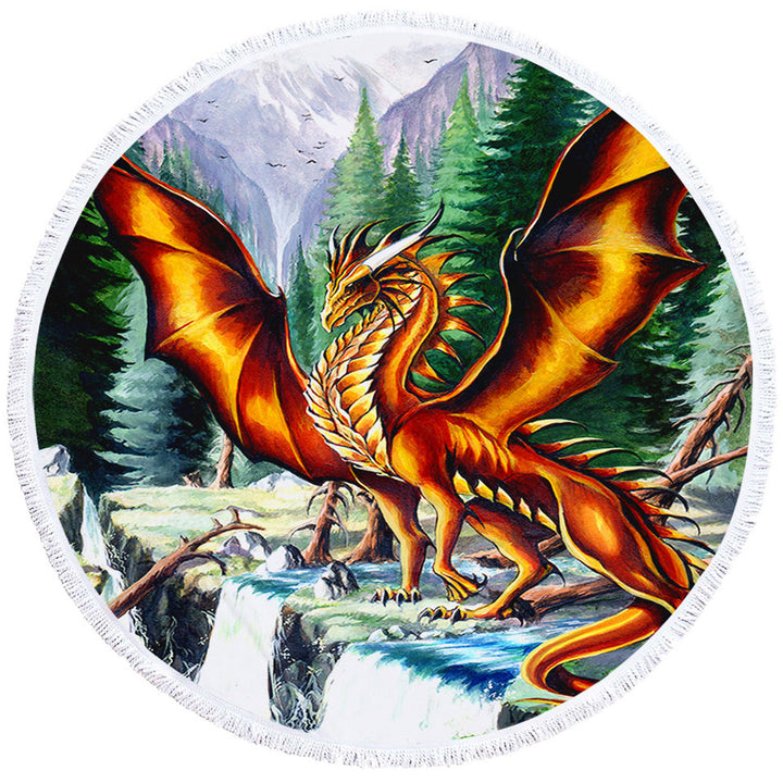 Round Beach Towel of Nature Mountain Waterfall Forest Solaris Dragon