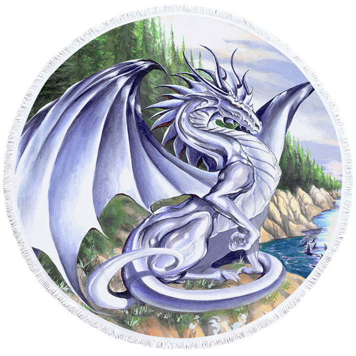 Round Beach Towel of Silver Coastal Grey Dragon Drawing