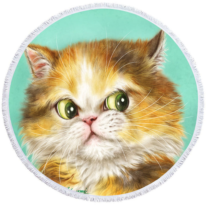 Round Beach Towel with Green Background Painted Furry Ginger Cat