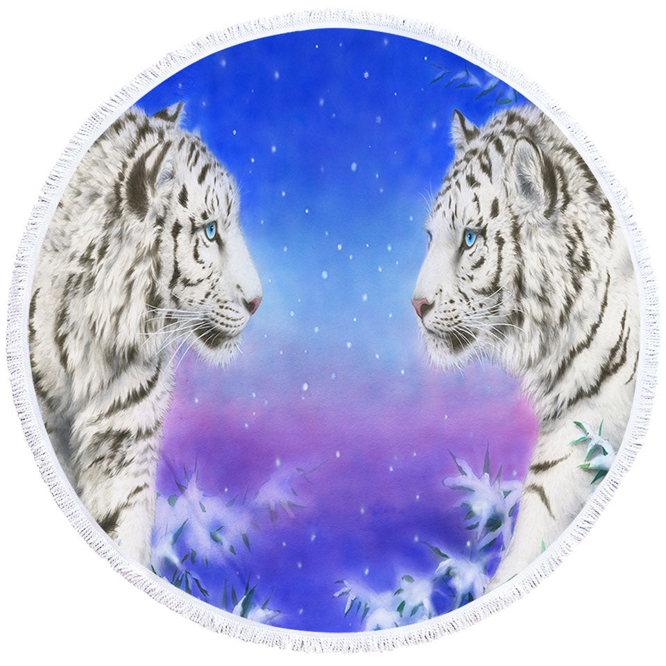 Round Beach Towels for Guys Wild Animal Art White Tigers at Winter Night