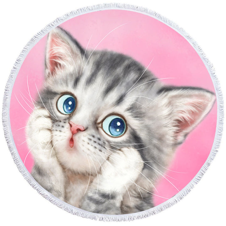 Round Beach Towels with Designs for Kids Tabby Grey Kitty Cat over Pink