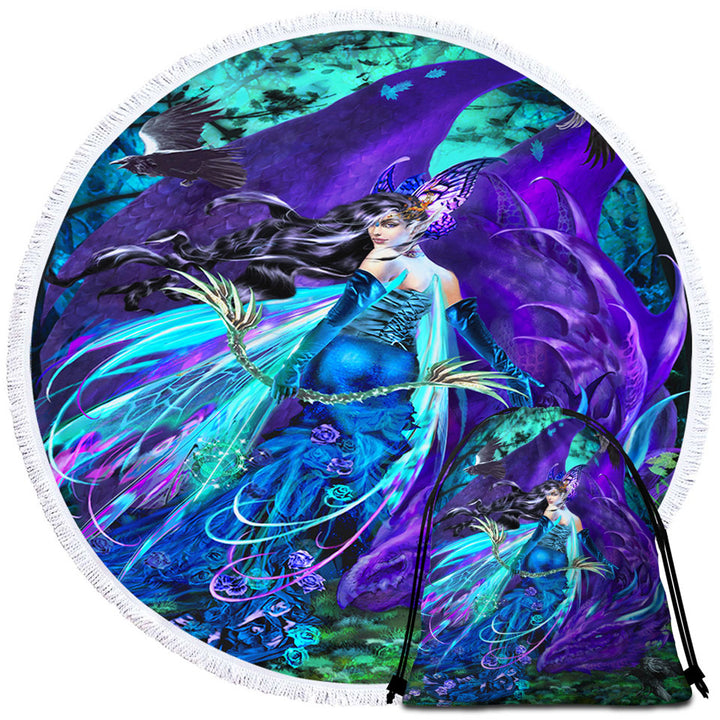 Sagittarius Dragon and Beautiful Woman Fairy Round Beach Towel