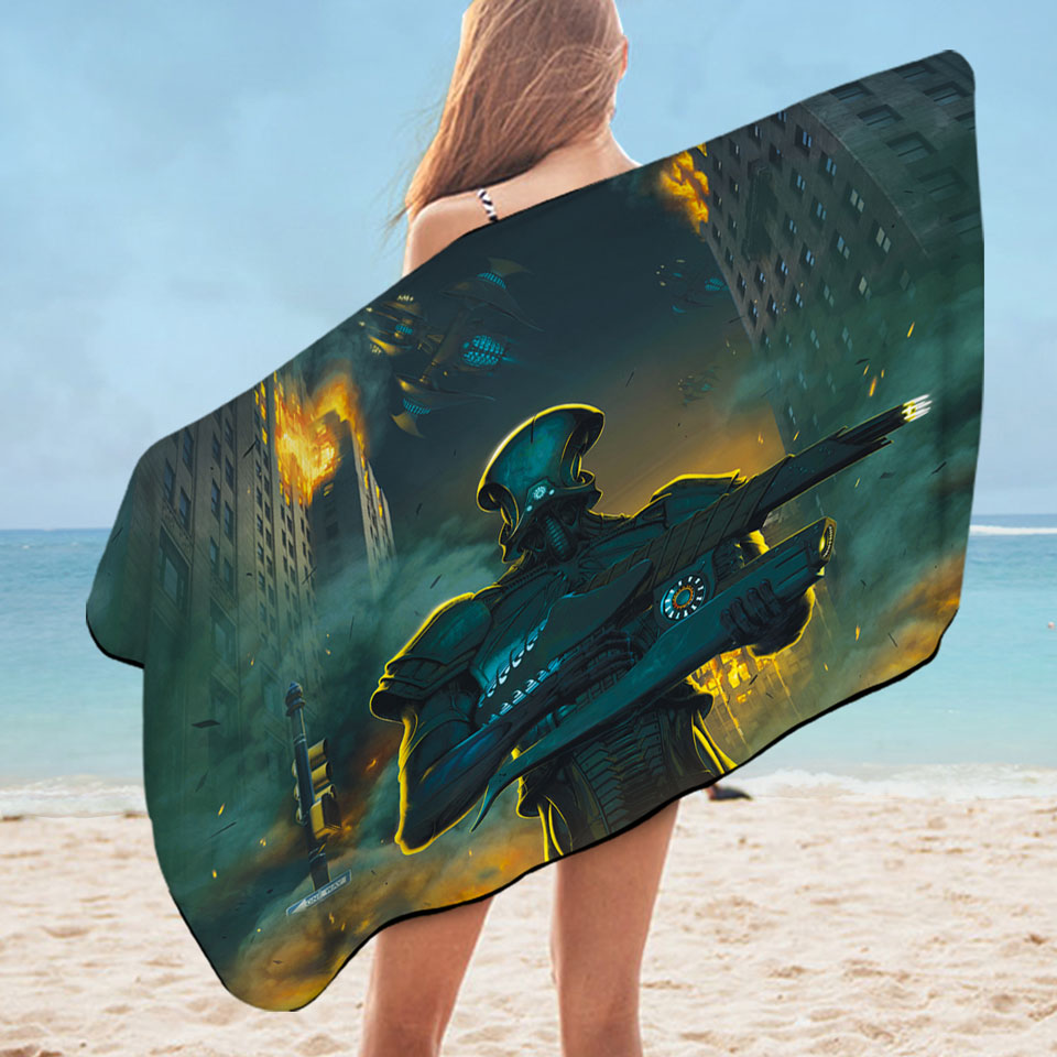 Science Fiction Pool Towels Art Robots City Invasion