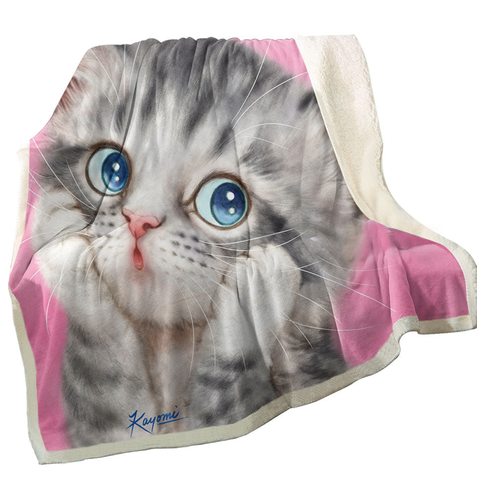 Sherpa Throws with Designs for Kids Tabby Grey Kitty Cat over Pink