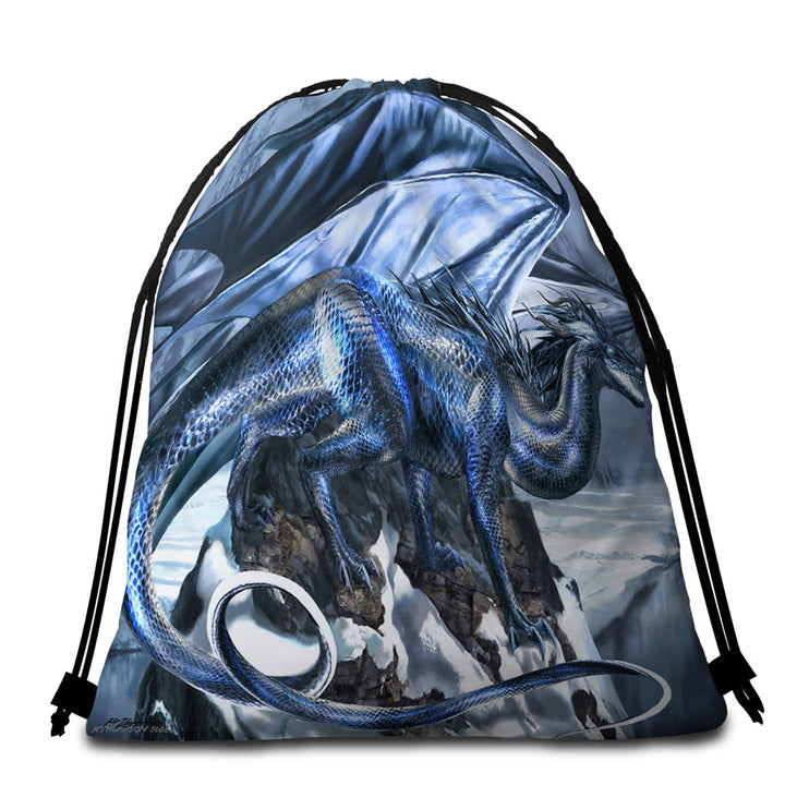 Silverblood Dragon on a Snowy Mountain Beach Towel Bags