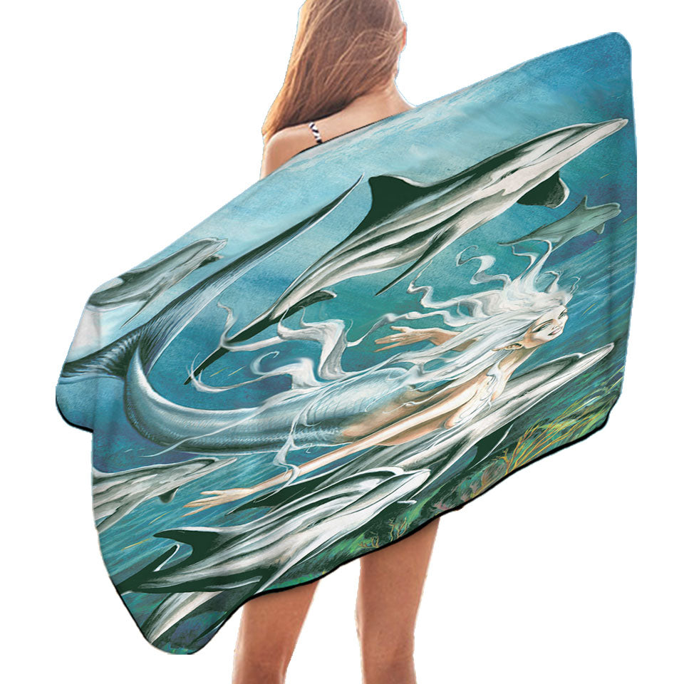 Sirens Mythology Art Dolphins and Mermaid Beach Towels