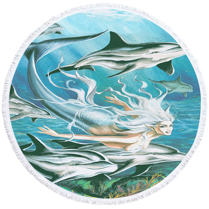 Sirens Mythology Art Dolphins and Mermaid Round Beach Towel