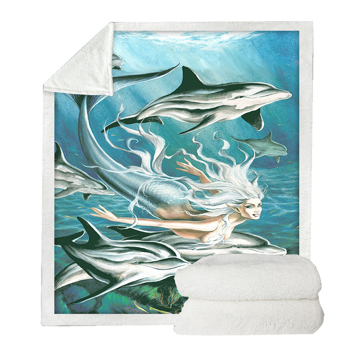 Sirens Mythology Art Dolphins and Mermaid Sherpa Blanket