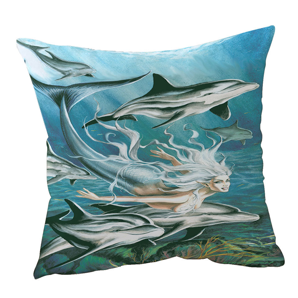 Sirens Mythology Art Dolphins and Mermaid Throw Pillows