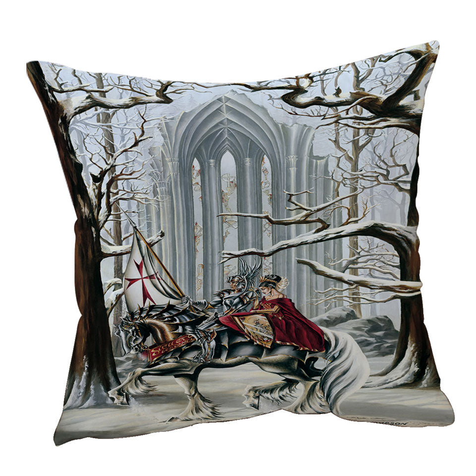 Snowy Forest Knight and Princess Throw Pillow