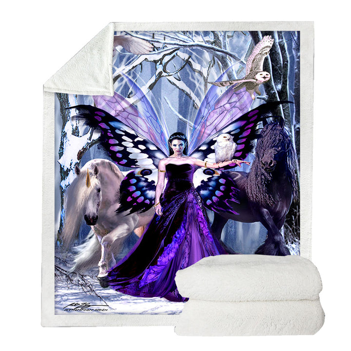 Snowy Forest Owls Horses and Purple Fairy Queen Couch Throws