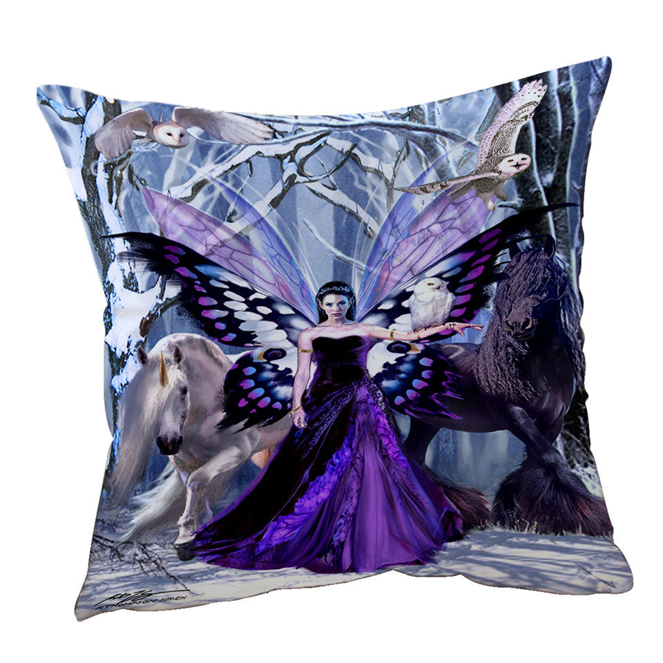 Snowy Forest Owls Horses and Purple Fairy Queen Cushion Covers