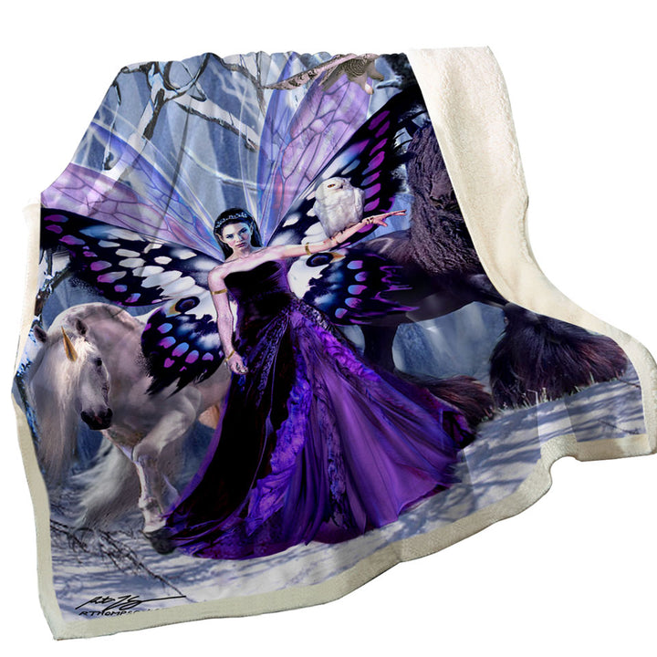 Snowy Forest Owls Horses and Purple Fairy Queen Fleece Blankets