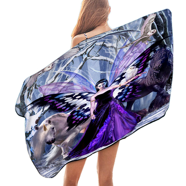 Snowy Forest Owls Horses and Purple Fairy Queen Microfiber Beach Towel