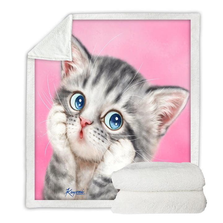 Sofa Blankets with Designs for Kids Tabby Grey Kitty Cat over Pink