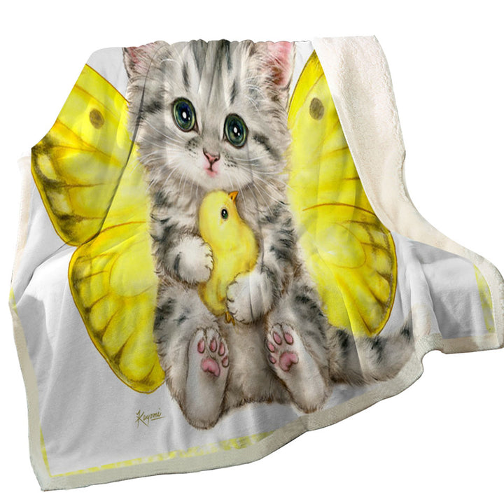 Sweet Yellow Butterfly Kitten and Chick Sherpa Blanket