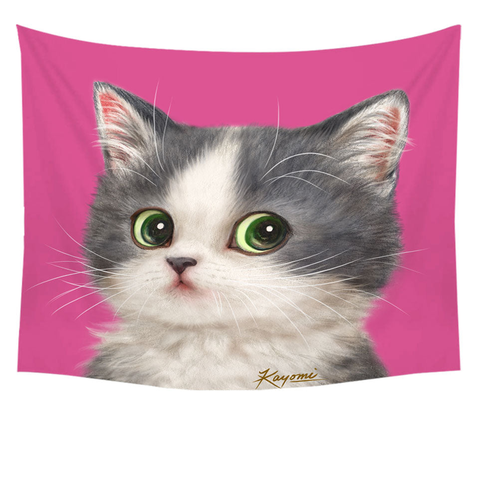 Tapestry Wall Hanging with Cats Art Adorable Shy Kitten Over Pink