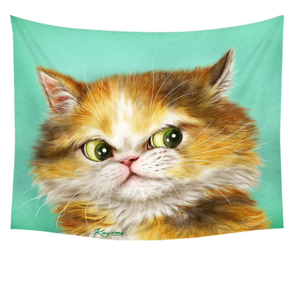 Tapestry with Green Background Painted Furry Ginger Cat