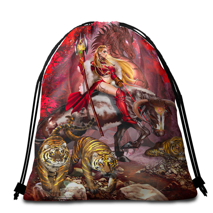 Taurus Bull Woman Warrior Dragon and Tigers Beach Towel Bags for Men