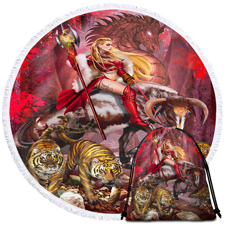 Taurus Bull Woman Warrior Dragon and Tigers Beach Towels for Guys