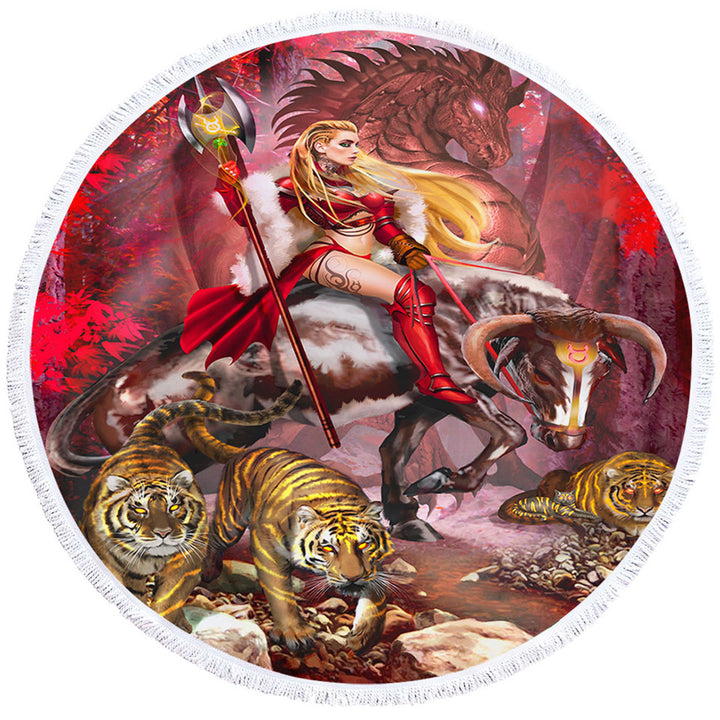 Taurus Bull Woman Warrior Dragon and Tigers Round Beach Towels for Men