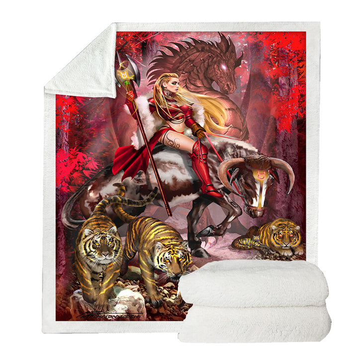 Taurus Bull Woman Warrior Dragon and Tigers Sofa Blankets