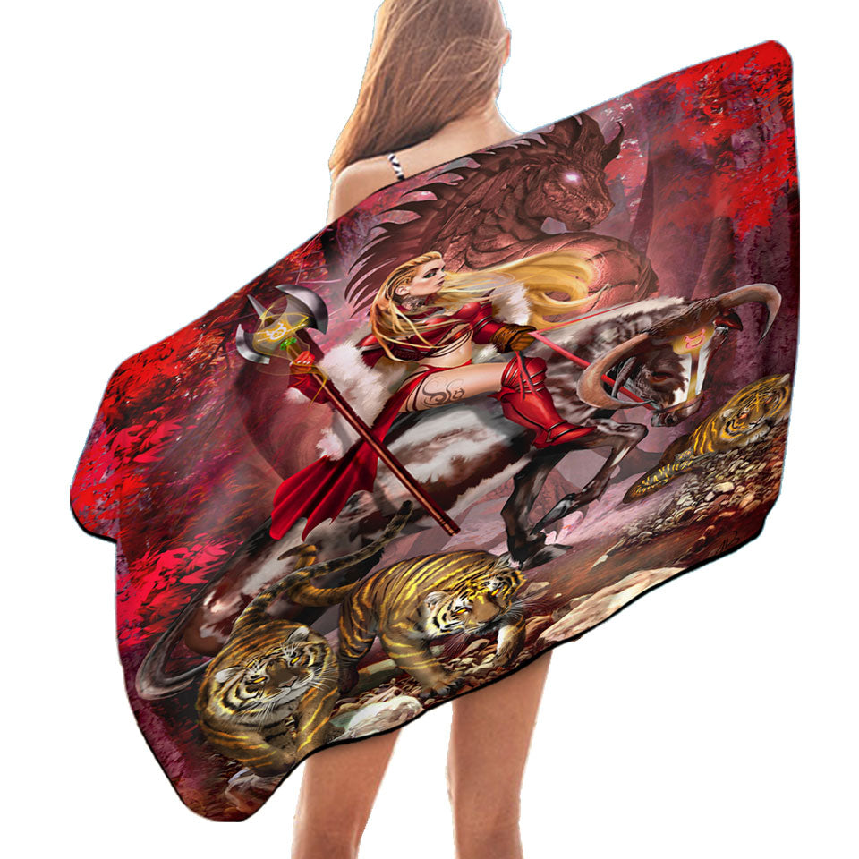 Taurus Bull Woman Warrior Dragon and Tigers Unique Pool Towels for Men