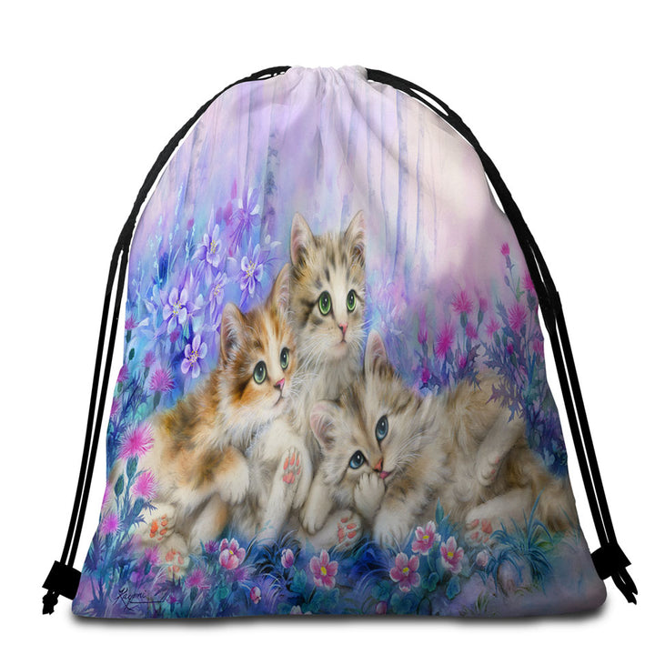 Three Little Kittens in the Flower Garden Beach Towels On Sale