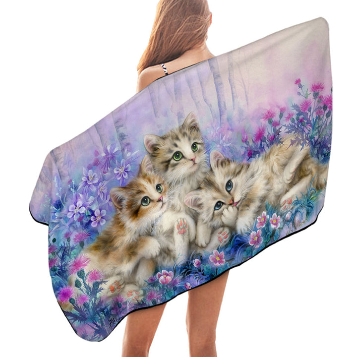 Three Little Kittens in the Flower Garden Beach Towels