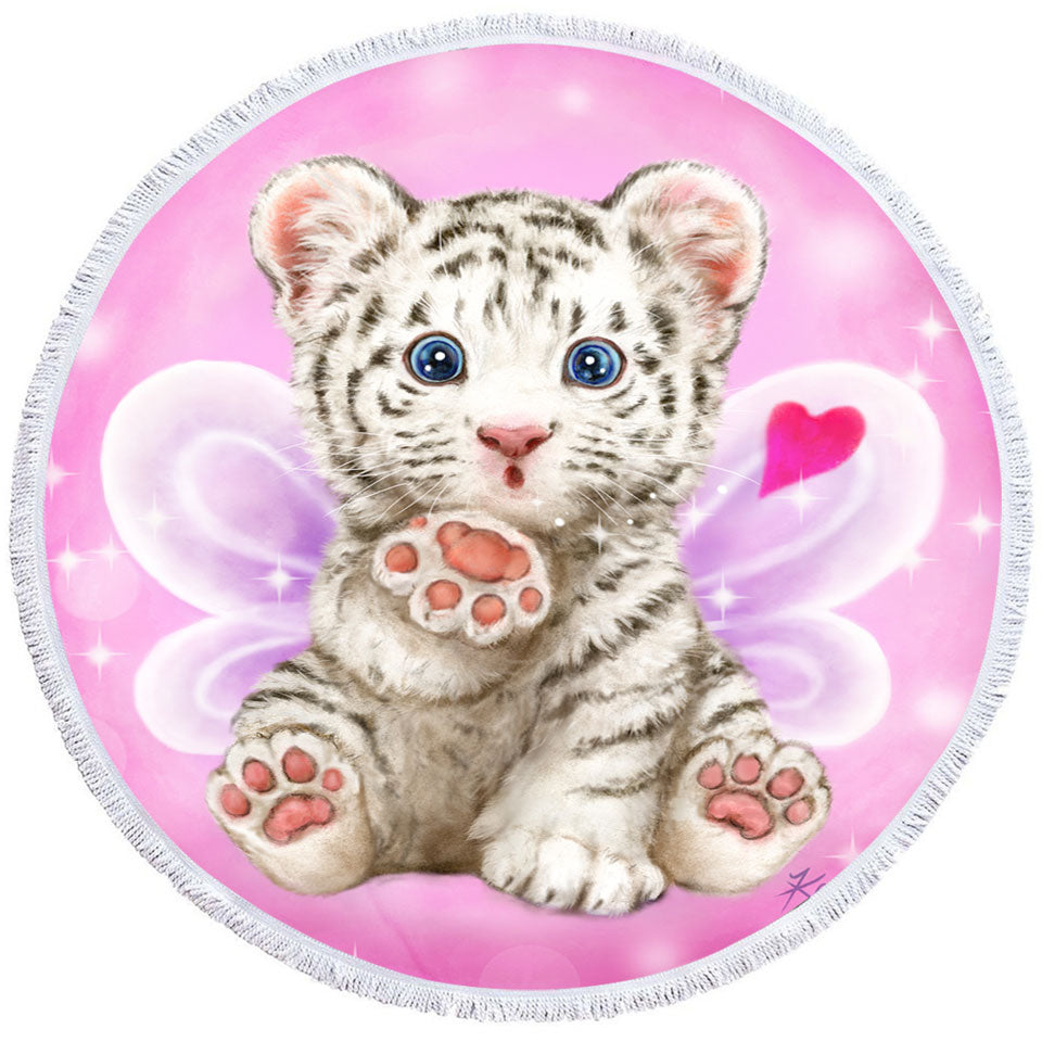 Throwing a Kiss Adorable White Tiger Cub Fairy Round Beach Towel