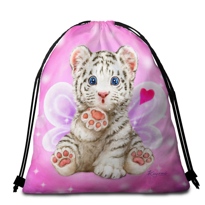 Throwing a Kiss Adorable White Tiger Cub Fairy Travel Beach Towel