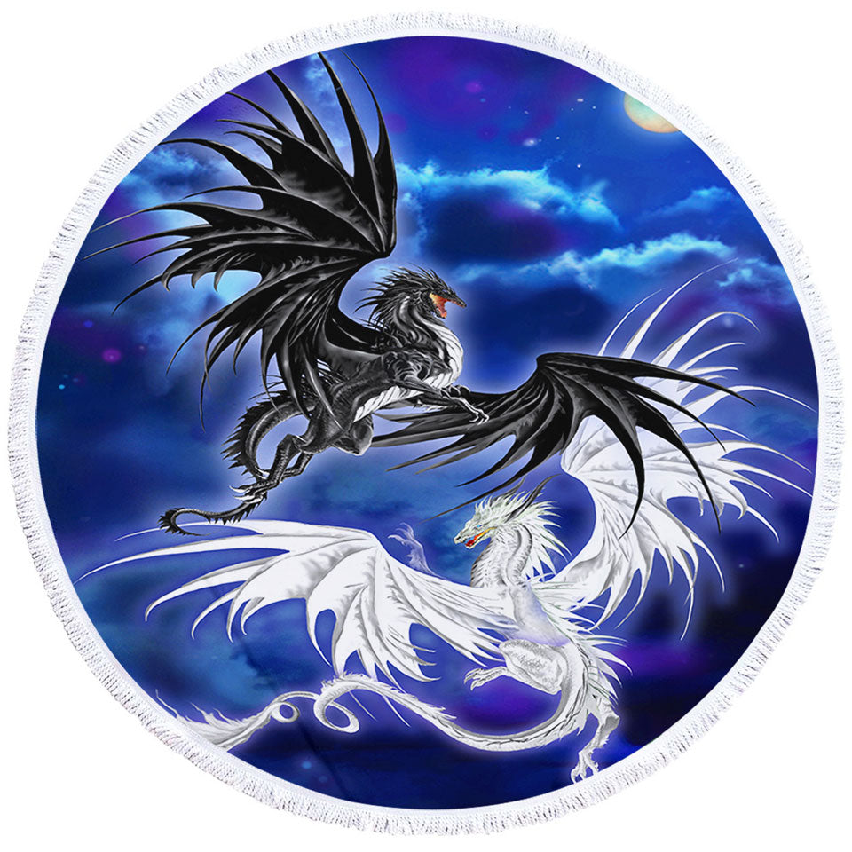 Twilight Duel Black vs White Dragons Circle Beach Towel