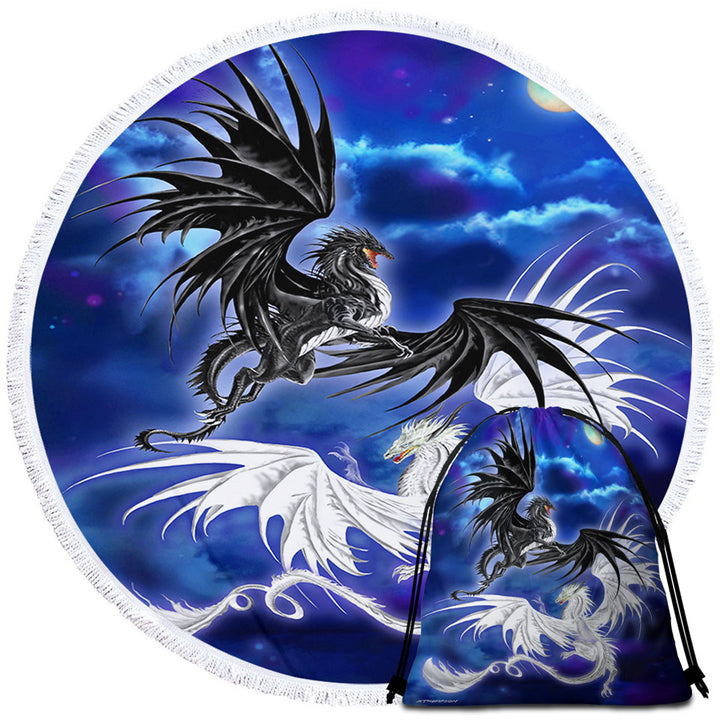 Twilight Duel Black vs White Dragons Round Beach Towel