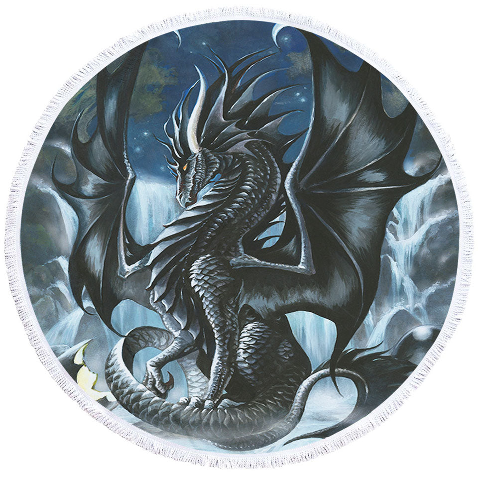 Waterfall Obsidian Black Dragon Circle Beach Towel