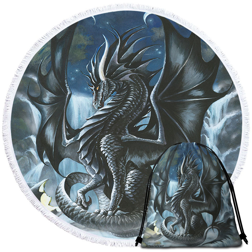 Waterfall Obsidian Black Dragon Round Beach Towels