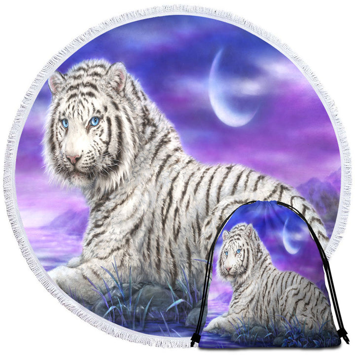 Wild Animal Beach Towels Paintings White Tiger Purplish Lake