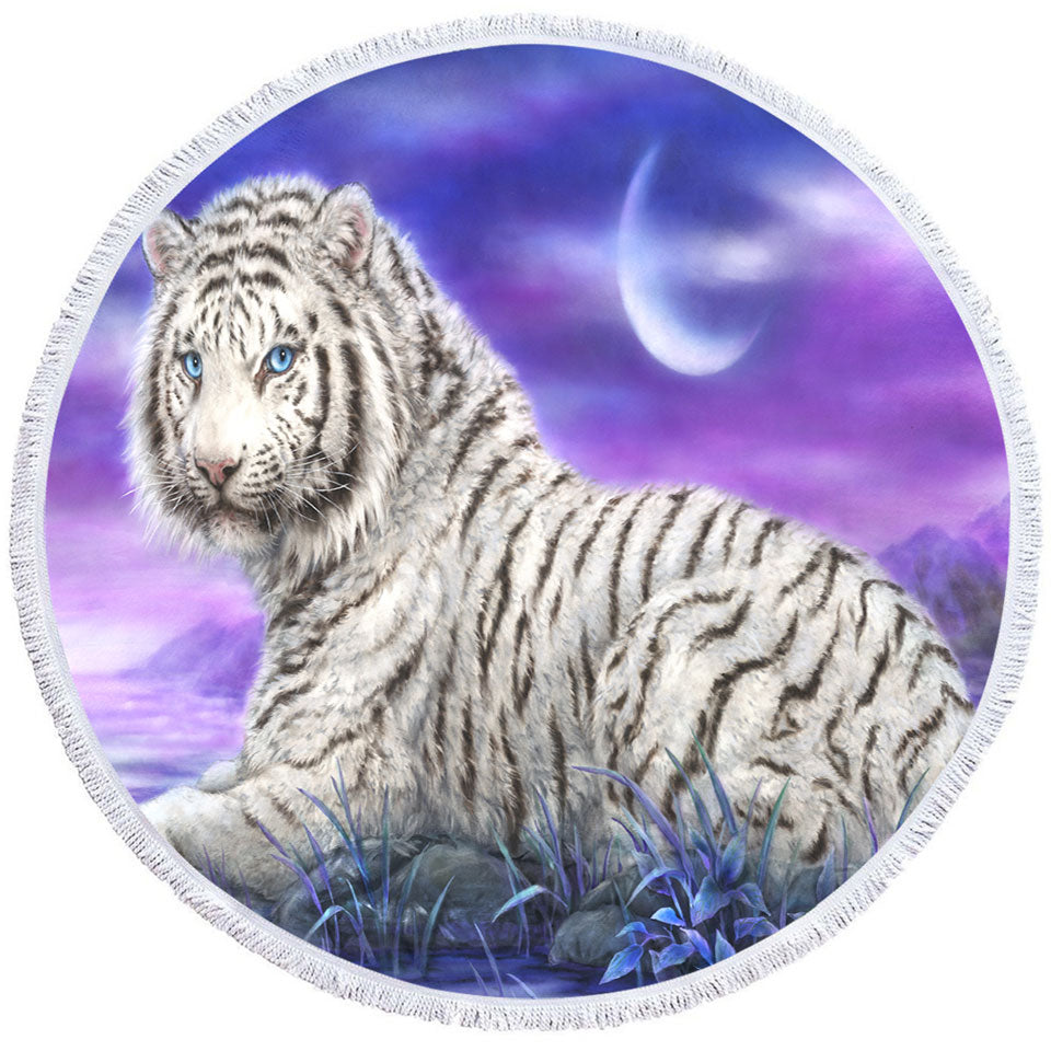 Wild Animal Big Beach Towels Paintings White Tiger Purplish Lake