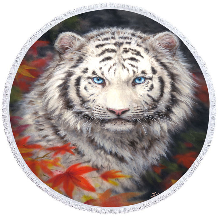 Wildlife Animal Art Autumn White Tiger Circle Beach Towel