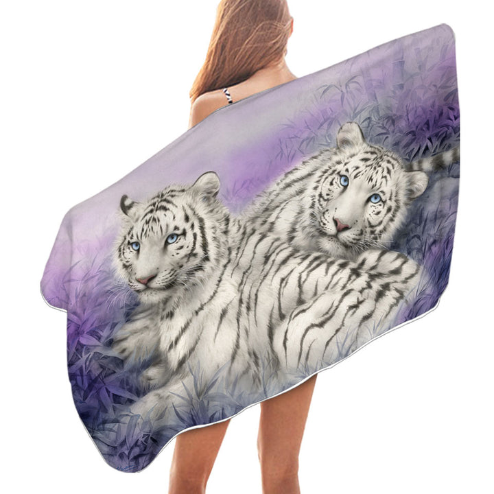 Wildlife Animal Art White Tiger Beach Towels