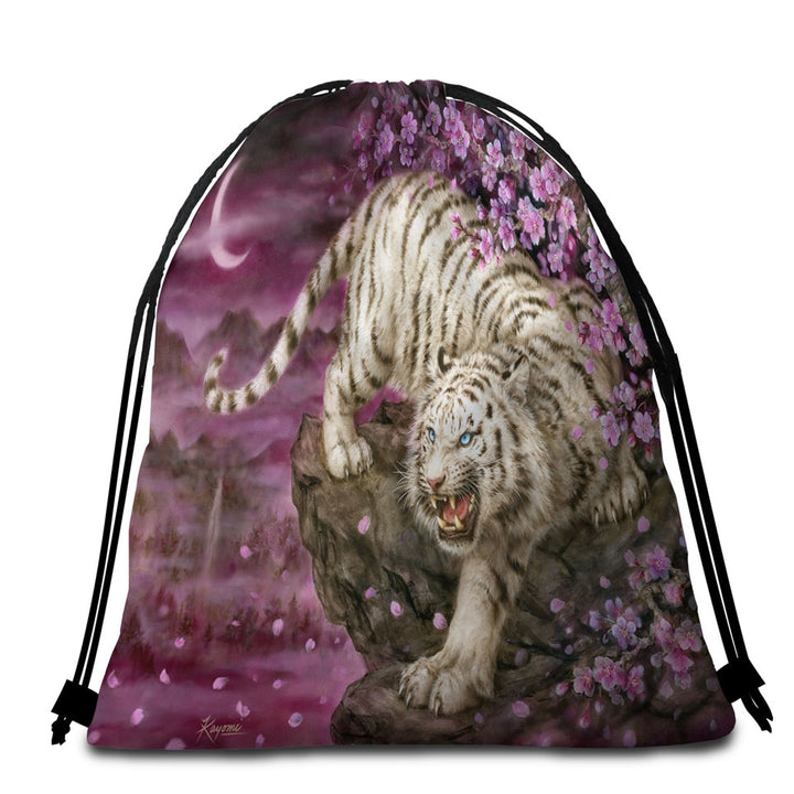 Wildlife Animal Cherry Blossom White Tiger Beach Towel Bags