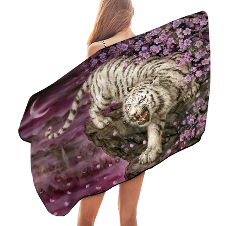 Wildlife Animal Cherry Blossom White Tiger Lightweight Beach Towel